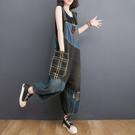 Spring Summer Denim Big Pockets Overall Jumpsuit Sleeveless