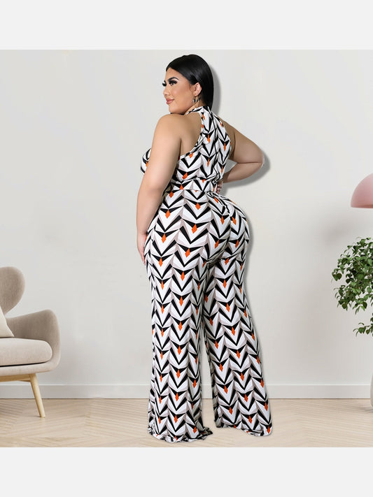 Plus Size Geometric Print Wide Leg Sleeveless Jumpsuits