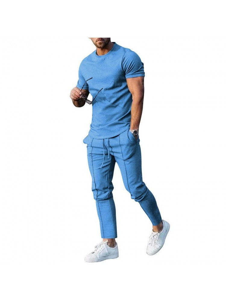 Einfarbiges, lässiges, kurzärmeliges zweiteiliges Hosenset für Herren