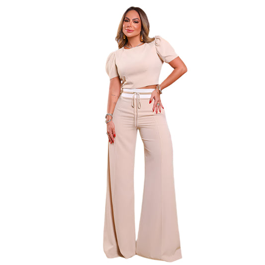 Women’s Autumn Puff Sleeve Top & Lace-Up Wide-Leg Trousers Set – Chic Casual Co-ord Outfit