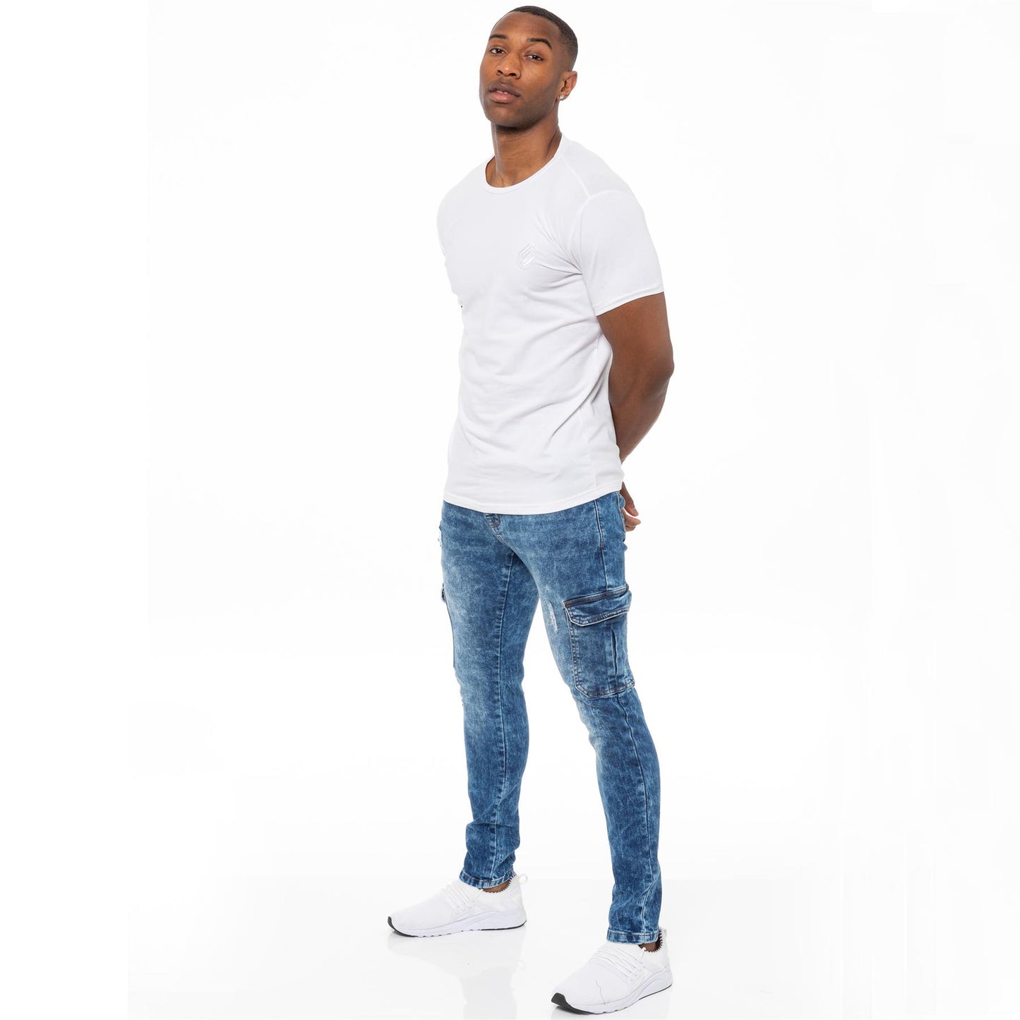 Enzo Herren Skinny Cargo Jeans Distressed Denim Stretch Fit Hose zerrissene Hose