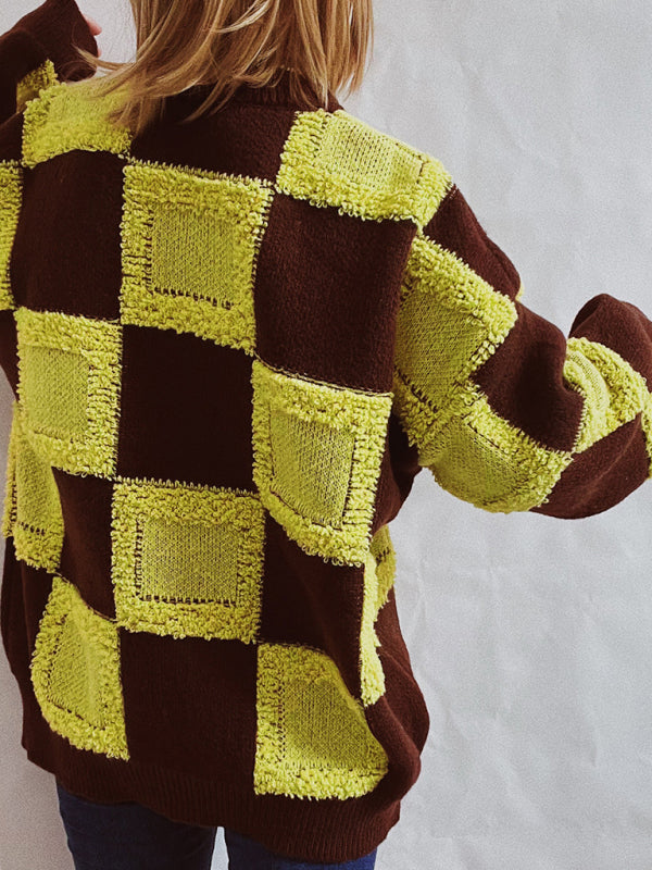 Lässiger Pullover mit Rundhalsausschnitt und langen Ärmeln im Checkerboard-Colorblock-Design