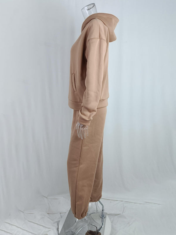 Women's solid color casual fashion trousers thickened long-sleeved hooded set