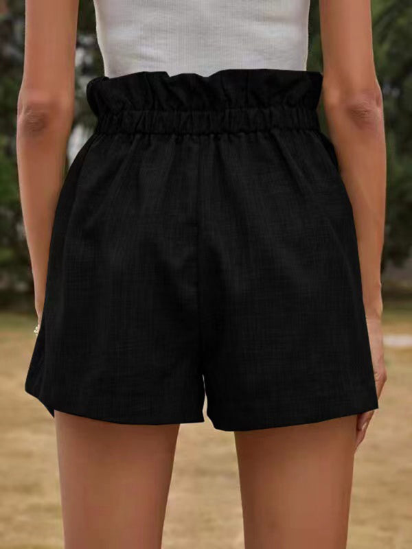 Einfarbige, strukturierte Shorts zum Überziehen mit Rüschen und Kordelzug für Damen