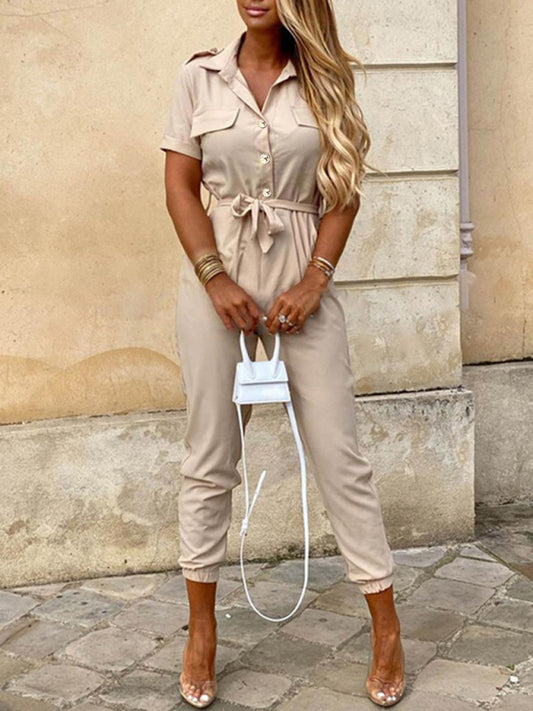 Lässiger Cargo-Jumpsuit mit Revers und geknöpftem Gürtel für Damen