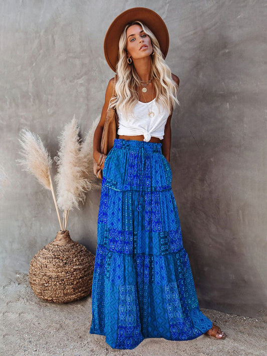 New Bohemian style skirt European and American loose casual high waist long skirt