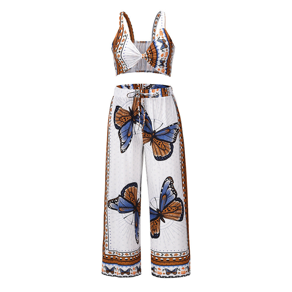 Beach Leisure Suit New Leisure Suspender Top  Printed Straight Leg Trousers Two-piece Suit