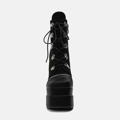 Double Waterproof Platform Super High Heel Fashion Mid rise Boots Winter New Style Square Head Thick Heel Martin Boots