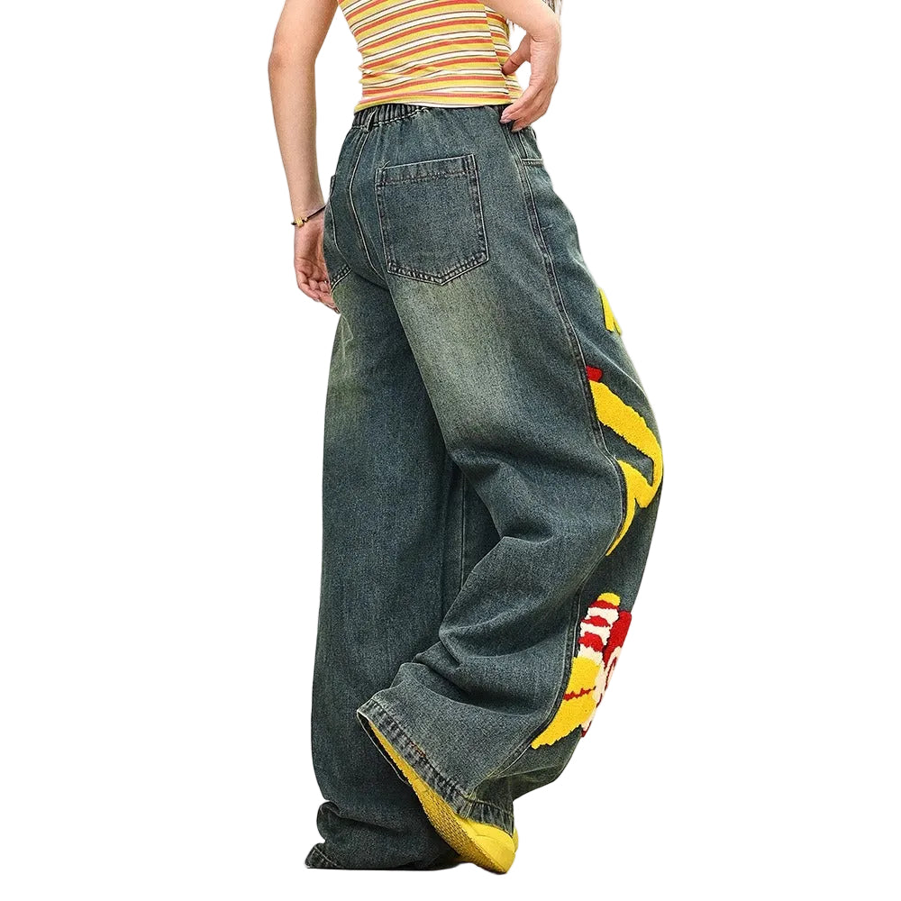 Street Style Embroidered Cartoon Denim Pants – Wide Leg BF Fit