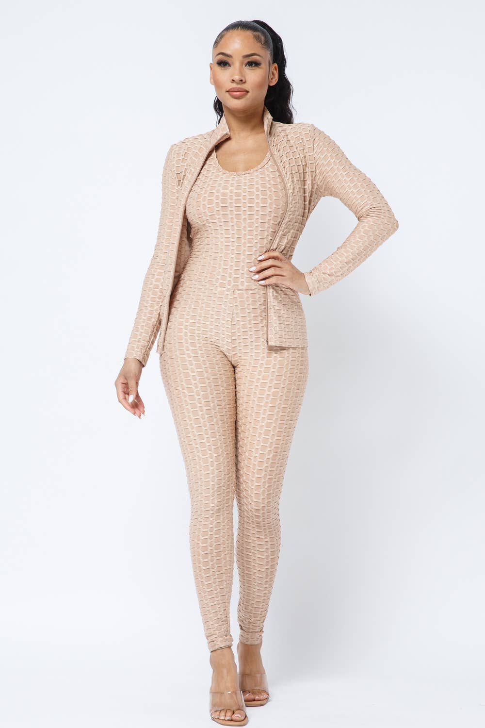 Honeycomb Cross Back Jumpsuit And Zipper Jacket Set