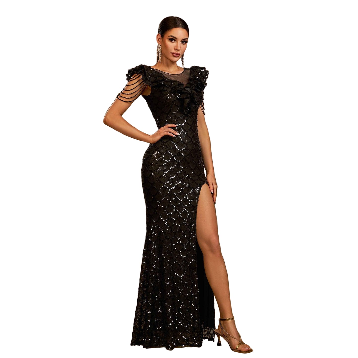 Elegant Sequin Round-Neck Slim-Fit Sheath Evening Dress with Side Slit