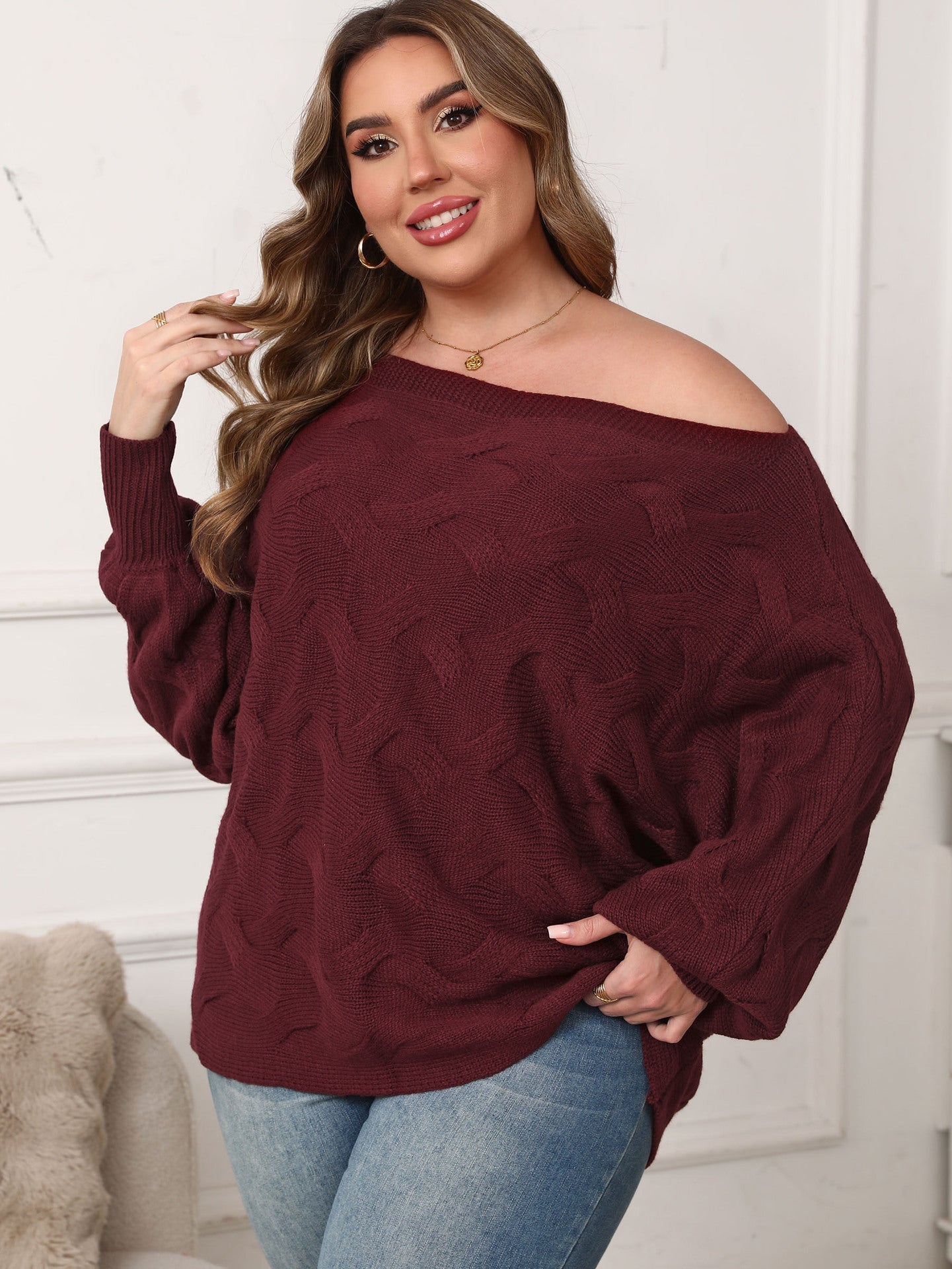 Plus Size Off-Shoulder Batwing Sleeve Pullover – Sexy Loose Fit Women’s Top