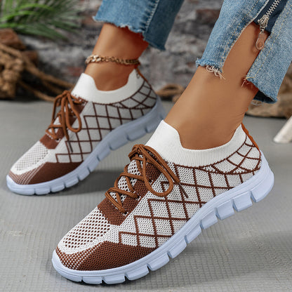Women's Color block Plaid Fly knit Sneakers – Breathable Lace-Up Mesh Running & Walking Shoes