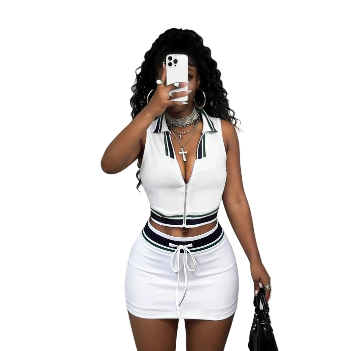 Sporty Collar Crop Top with Tie-Waist Mini Skirt Outfit