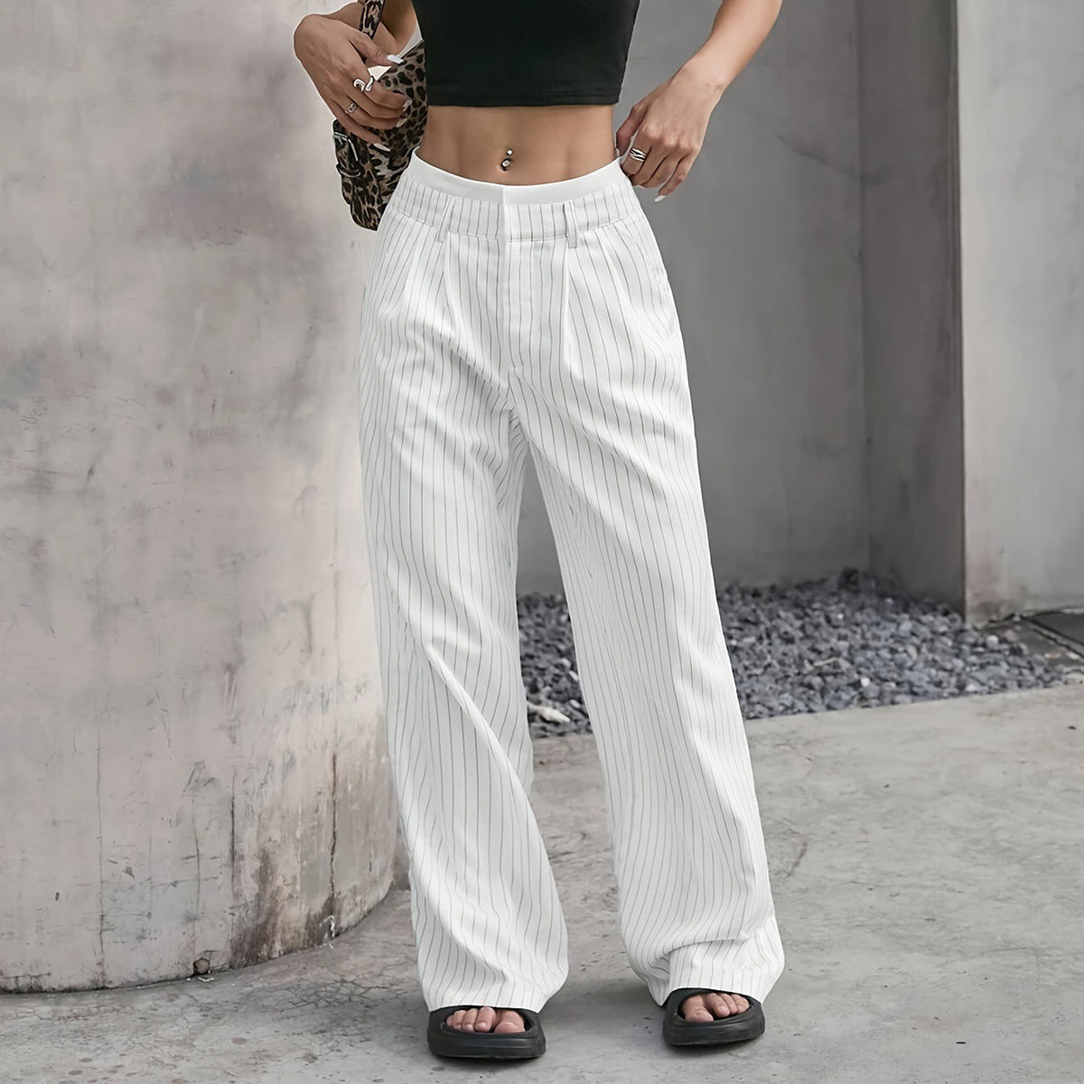 Women's High Waist Stripe Printed Straight-Leg Trousers – Casual Suit Pants with Zipper & Pockets