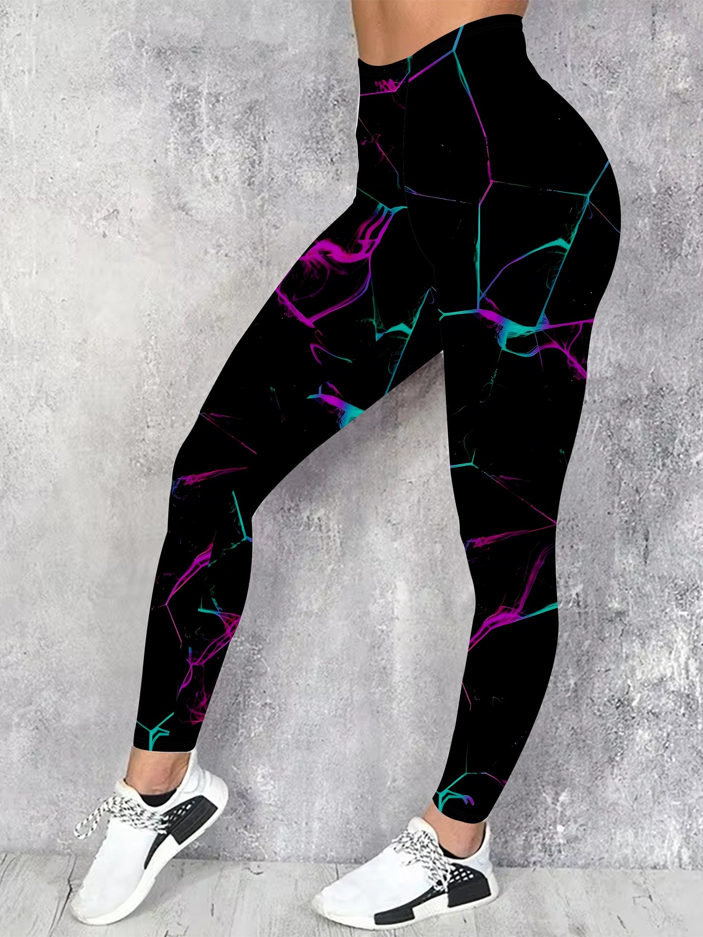 Women's Plus Size High-Waisted Floral Print Leggings - Stretchy, Casual, Machine Washable, Black with Vibrant Purple & Teal Accents, All-Season Comfort Fit, High Waisted Leggings