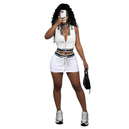 Sporty Collar Crop Top with Tie-Waist Mini Skirt Outfit