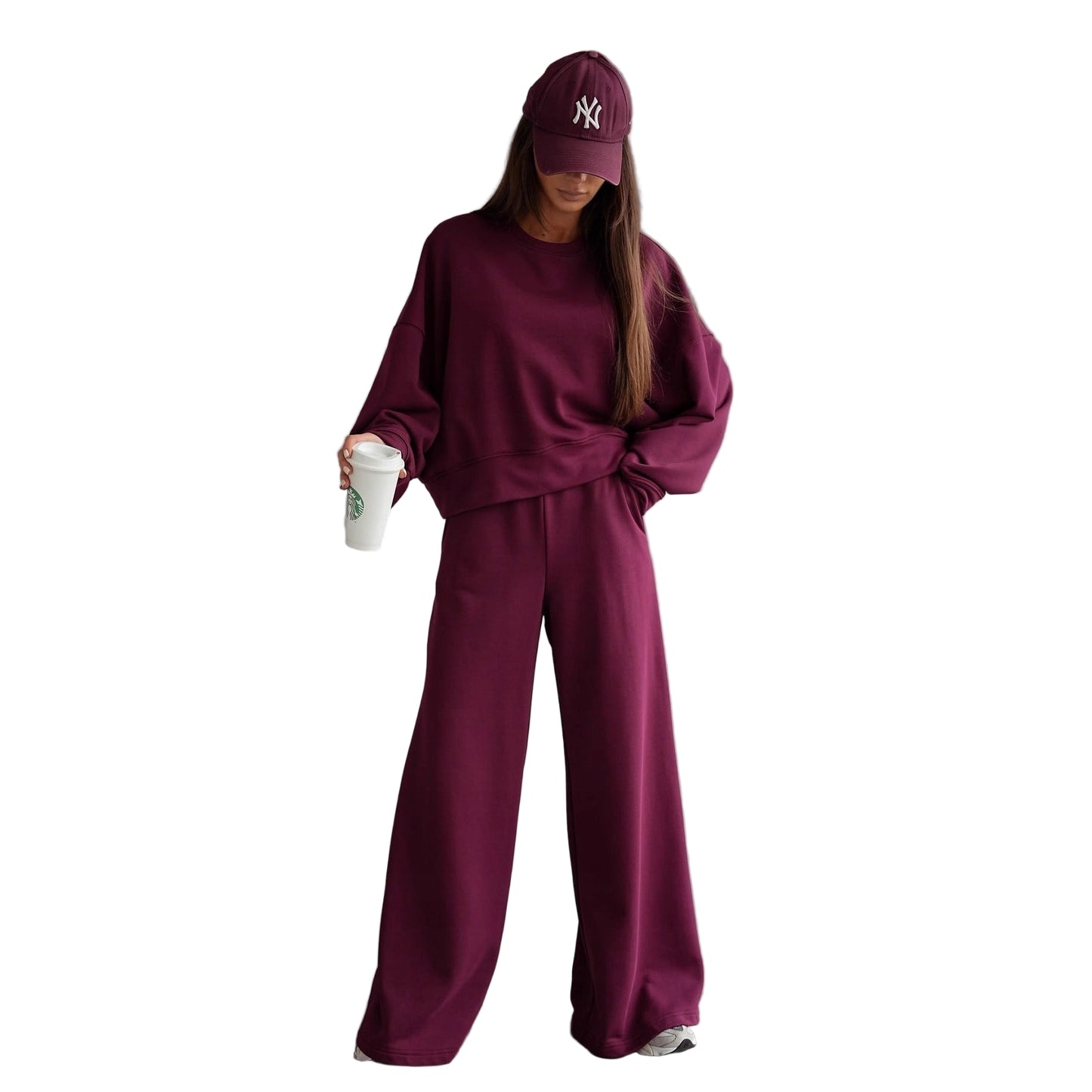 Women’s Autumn & Winter Two-Piece Set – Round Neck Long Sleeve Top with Wide Leg Pants