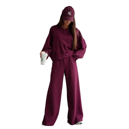 Women’s Autumn & Winter Two-Piece Set – Round Neck Long Sleeve Top with Wide Leg Pants