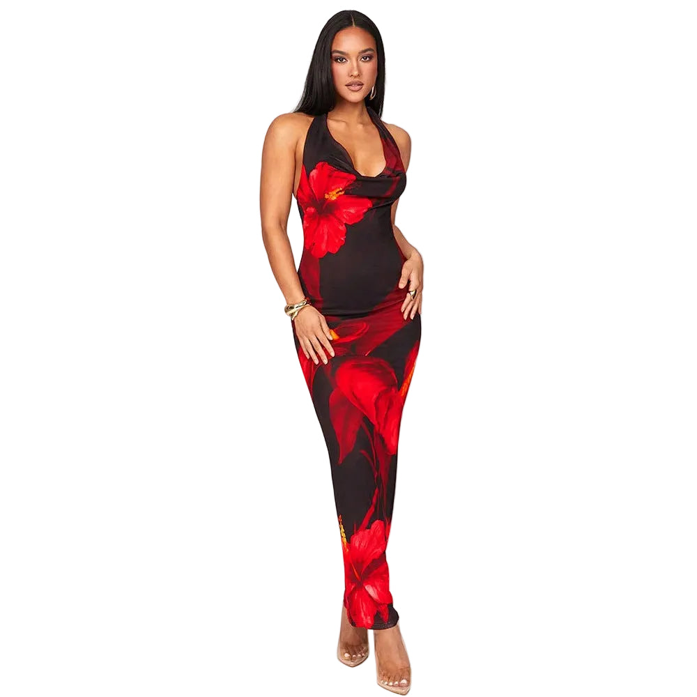 Sexy Printed Halter Neck Lace-Up Fitted Dress