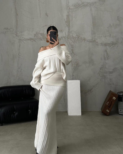 Women’s Winter Knitted Two-Piece Set – Off-Shoulder Sweater & Slim Skirt