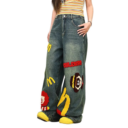 Street Style Embroidered Cartoon Denim Pants – Wide Leg BF Fit