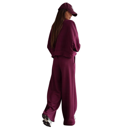 Women’s Autumn & Winter Two-Piece Set – Round Neck Long Sleeve Top with Wide Leg Pants