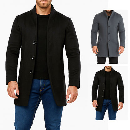 Classic Men’s Stand-Collar Wool Overcoat – Mid Length