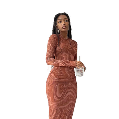 Elegant Printed Long Sleeve Round Neck Fitted Midi Dress