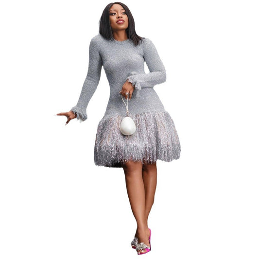 Women’s Solid Color Long Sleeve Tassel Slim Fit Short Dress