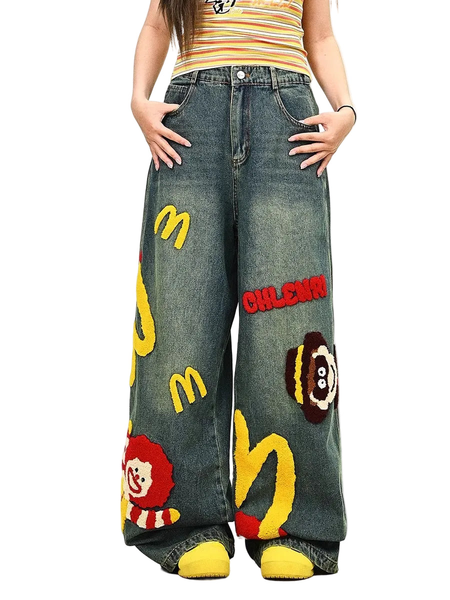 Street Style Embroidered Cartoon Denim Pants – Wide Leg BF Fit