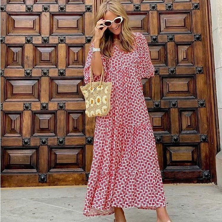 Geometric printed bubble sleeve dress