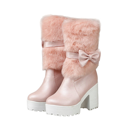Women’s Thick Heel Snow Boots with Sweet Bow – Warm Winter Fashion