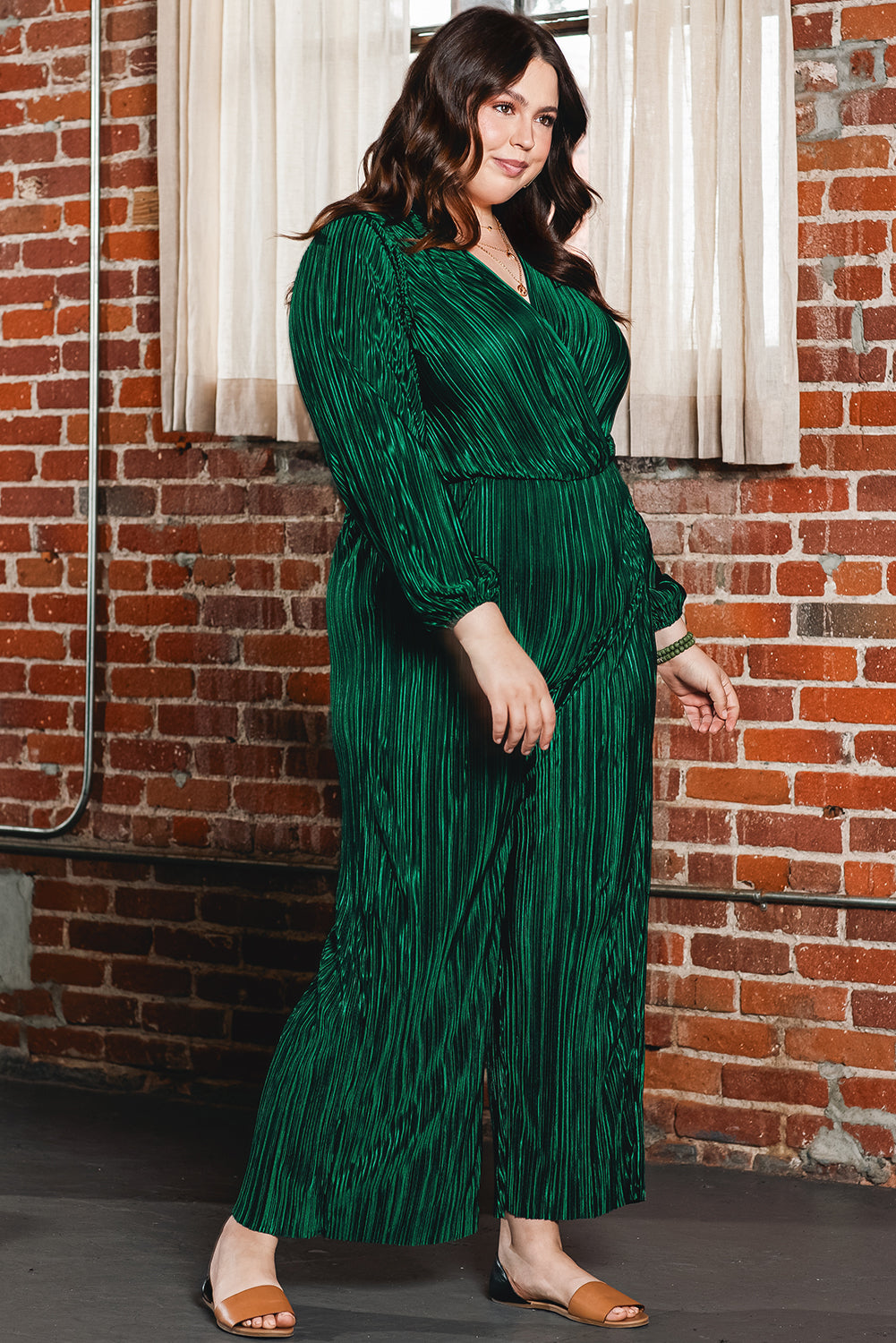 Dark Green Plus Size Pleated Satin Belted V Neck Jumpsuit