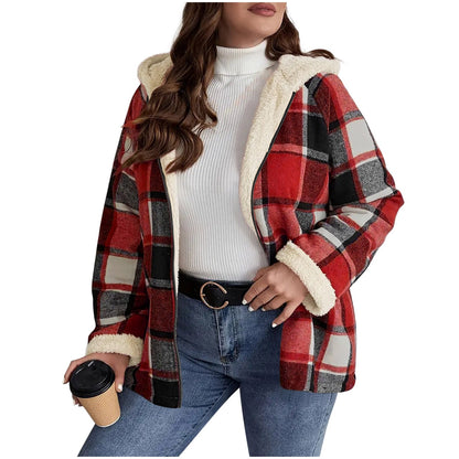 Women’s Plaid Hooded Coat – Fleece-Lined, Thick & Warm Composite Jacket