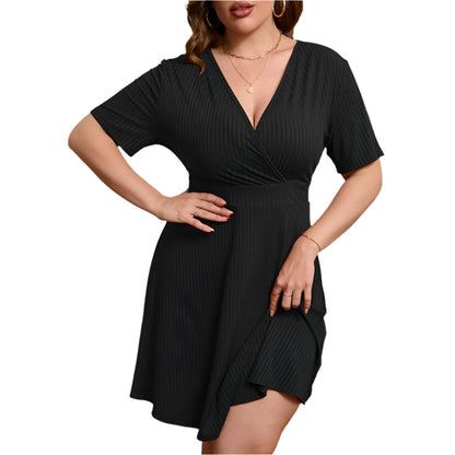 Plus Size Deep V-Neck Waist Elegant European & American Style Women's Dress