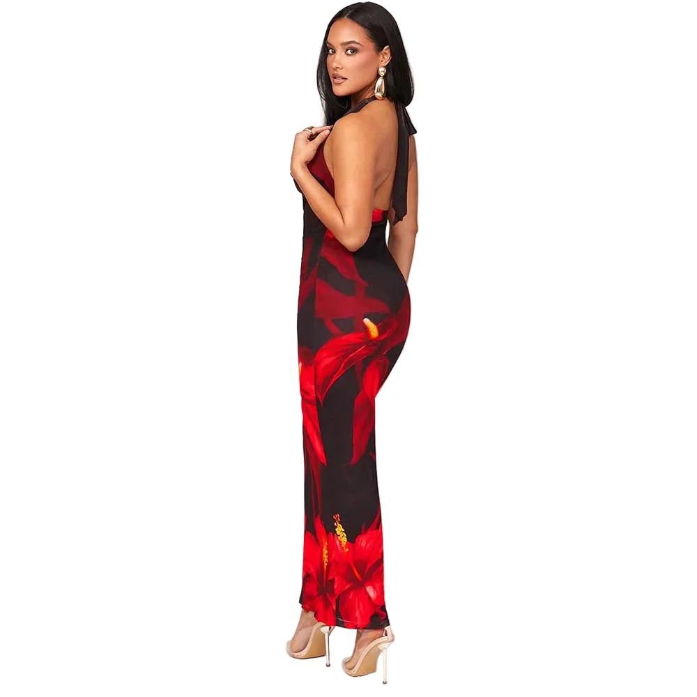 Sexy Printed Halter Neck Lace-Up Fitted Dress