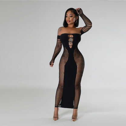 Solid Color Off-neck Sleeve Hollow Sexy Slim Fit One-piece Knitted Sheath Dress