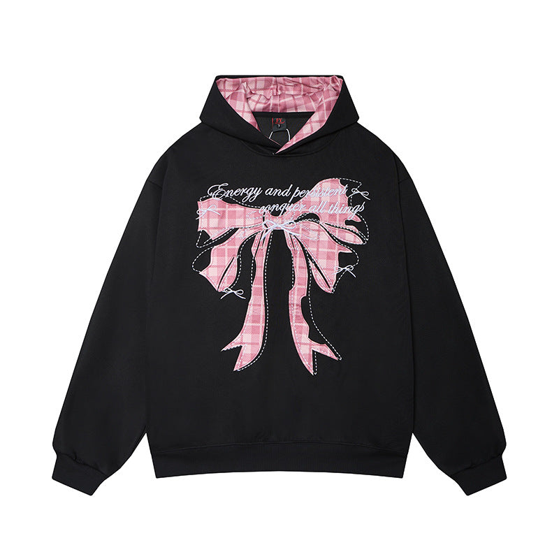 Women’s Letter & Bow Patch Hoodie Casual Sweatshirt