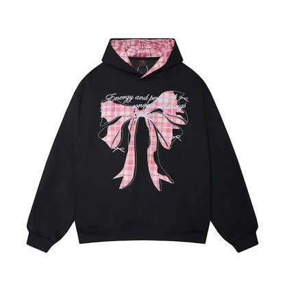 Women’s Letter & Bow Patch Hoodie Casual Sweatshirt