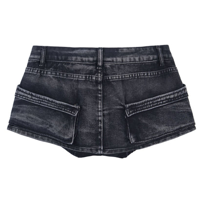 Multi pocket washed vintage denim mini skirt for women