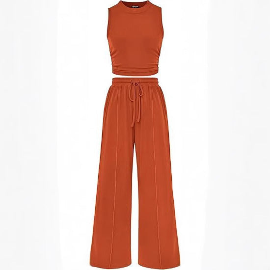 Women’s Two-Piece Set – Elastic Waist Trousers & Loose-Fit Sleeveless Top