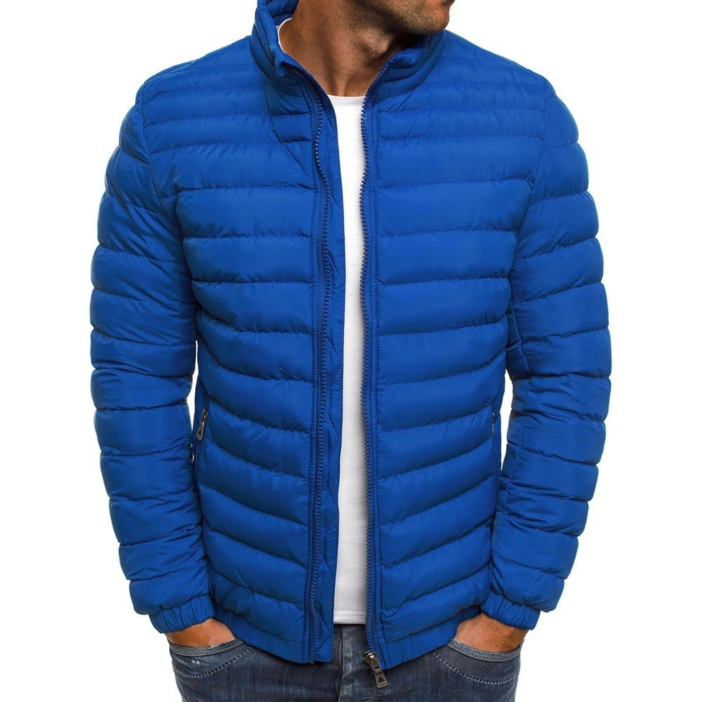 Men’s Zipper Jacket – Solid Color Thicken Cotton-Padded Overcoat with Pockets