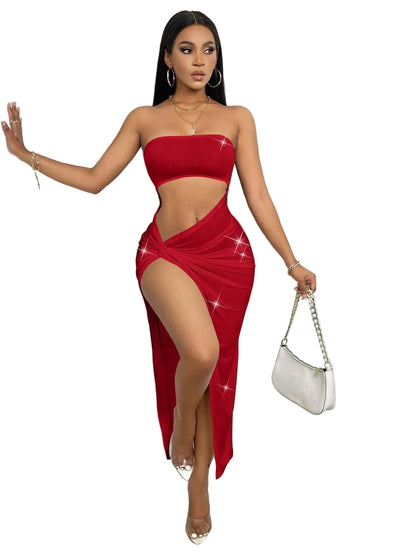 Sexy Hollow-Out Strapless Slit Bodycon Maxi Dress