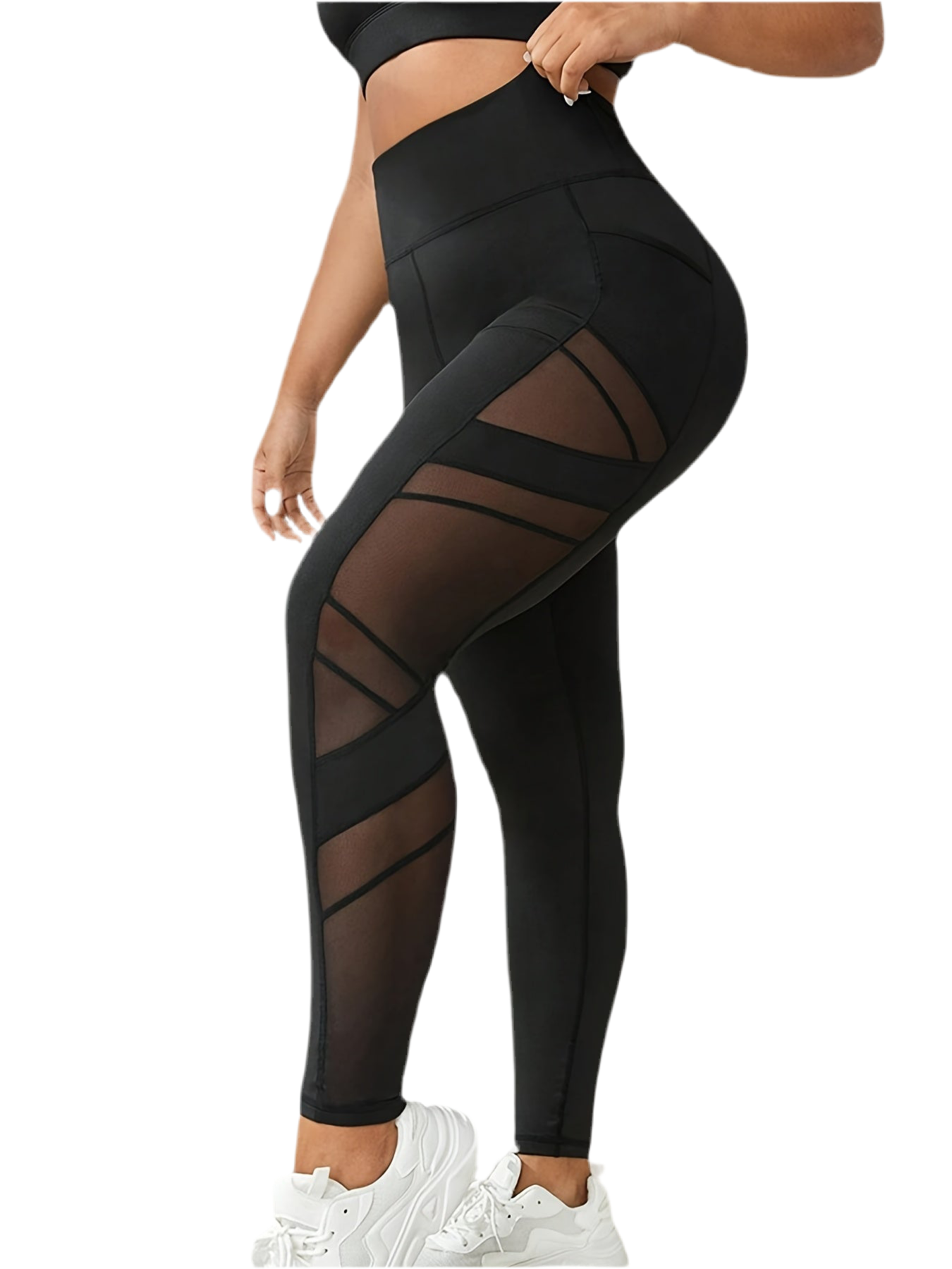 Plus Size Women's High-Waist Yoga Leggings with Mesh Panels - Stretchy & Breathable Polyester/Spandex Blend, Non-See-Through Leggings
