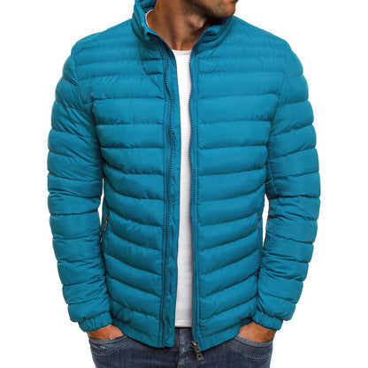 Men’s Zipper Jacket – Solid Color Thicken Cotton-Padded Overcoat with Pockets