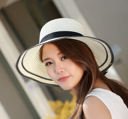 Big Black Panama Bow Foldable Straw Beach Summer Hats For Women