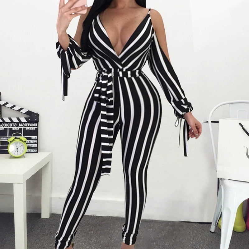 Deep V Leaky Back Straps Slim Fit Buttocks Striped Jumpsuit