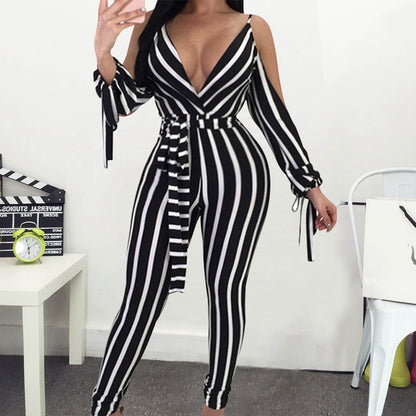 Deep V Leaky Back Straps Slim Fit Buttocks Striped Jumpsuit