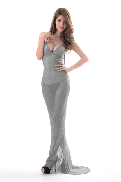 Deep-V Backless Tulle Transparent Long Skirt Lingerie – Elegant & Sexy Nightwear